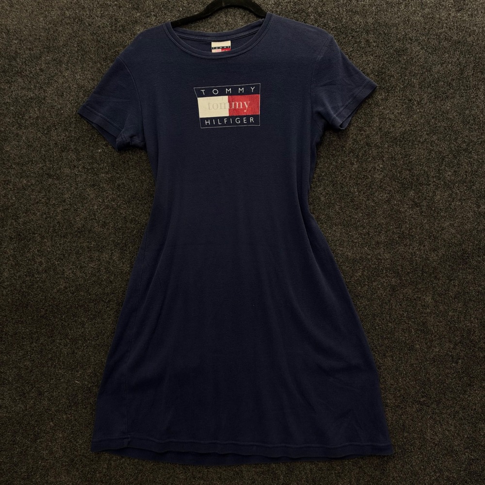 Vintage Tommy Hilfiger Navy Blue Flag Logo T-Shirt Dress Made in USA Small